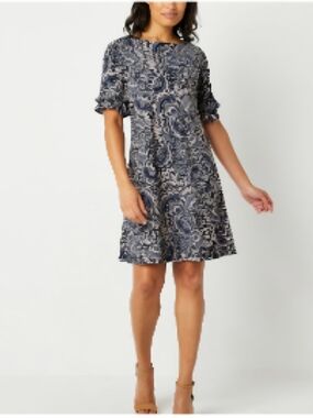 Perceptions New York Navy Patterned Ruffled Sleeve Shift Dress Size S